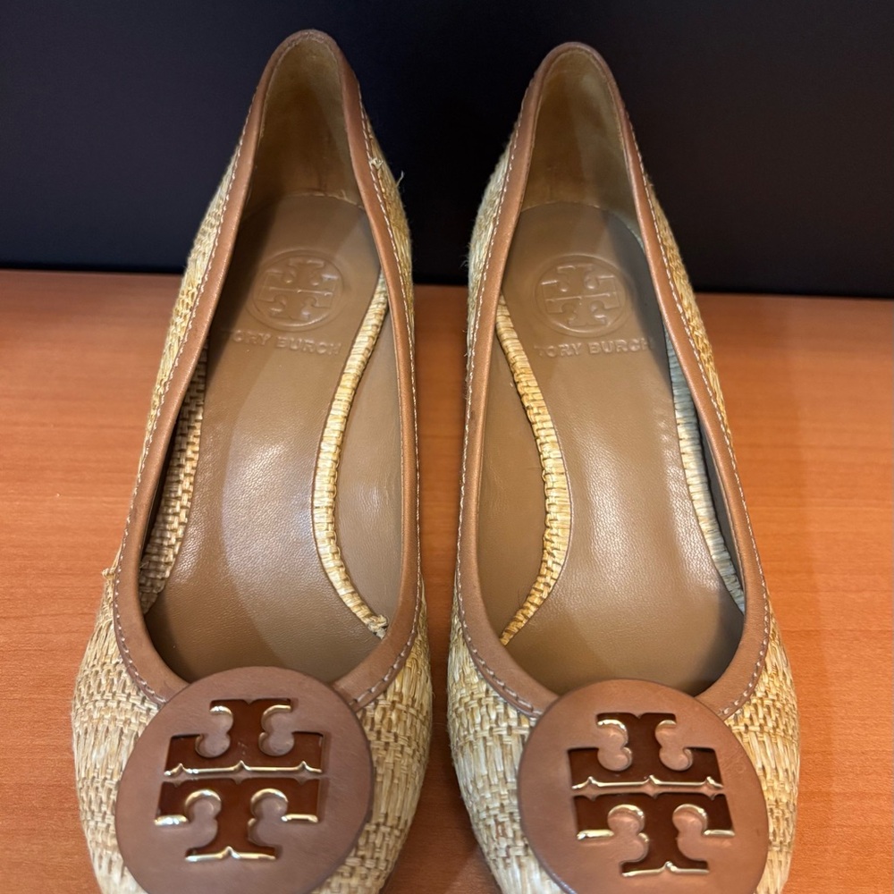 Tory Burch Kitten Wedge Heels, Tan and Brown Raffia with Gold Logo